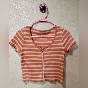 American Eagle Outfitters Brown and White Striped Button Tee